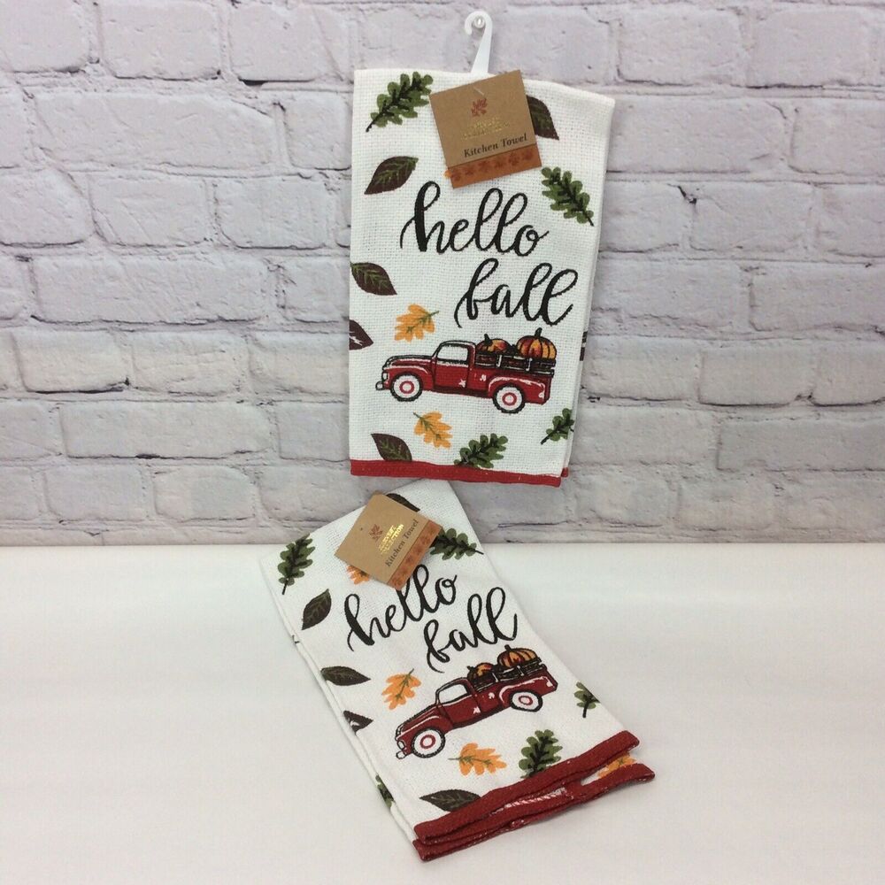Harvest Collection “Hello Fall” Red Truck 2 Pc Kitchen Dish Towel Set Cotton NWT